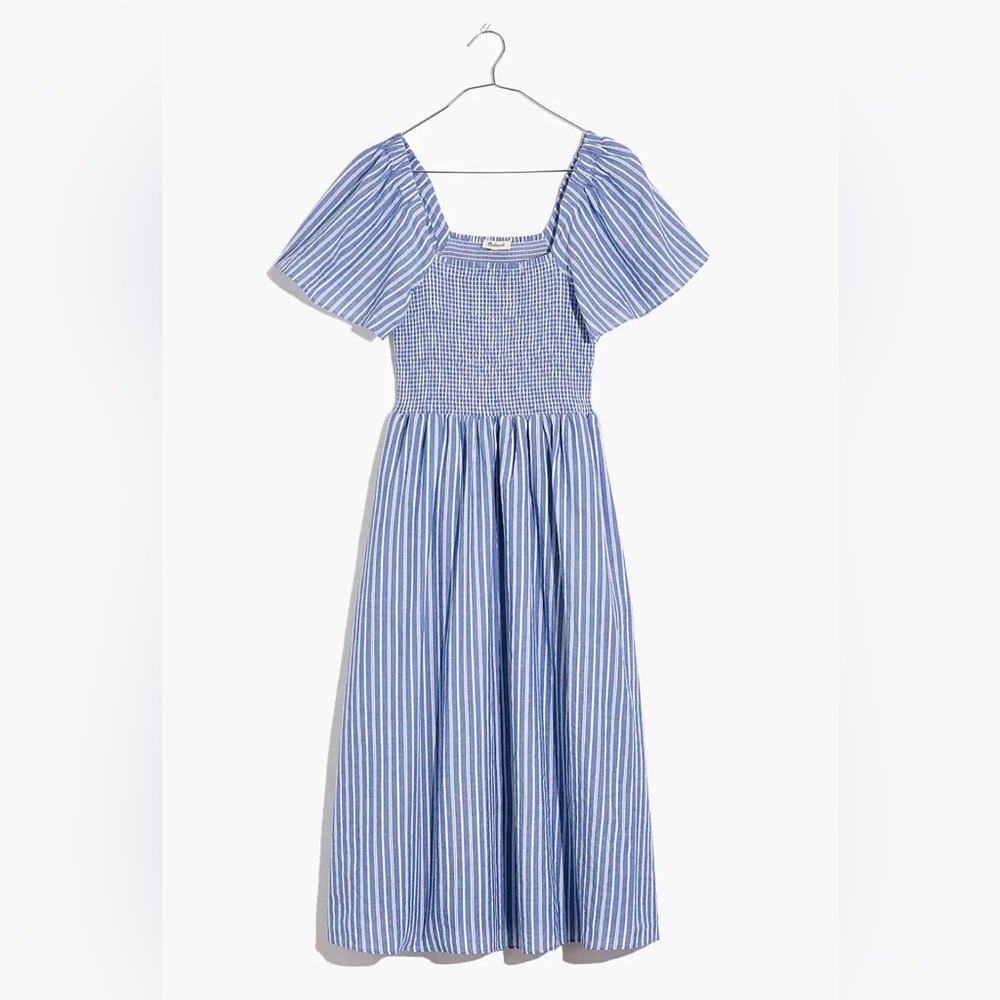 Madewell Lucie Smocked Midi Dress - Blue Stripe XXS